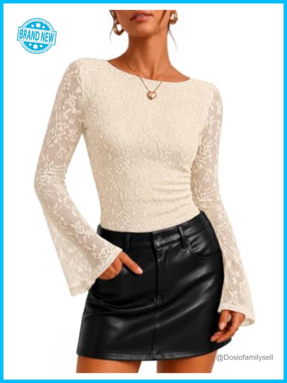 Floral Lace Long Sleeve Boat Neck Blouse